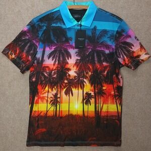 NWT BUGATCHI Men's Polo Shirt MEDIUM ALOHA HAWAIIAN FOULARD Blue‎ Orange Yellow